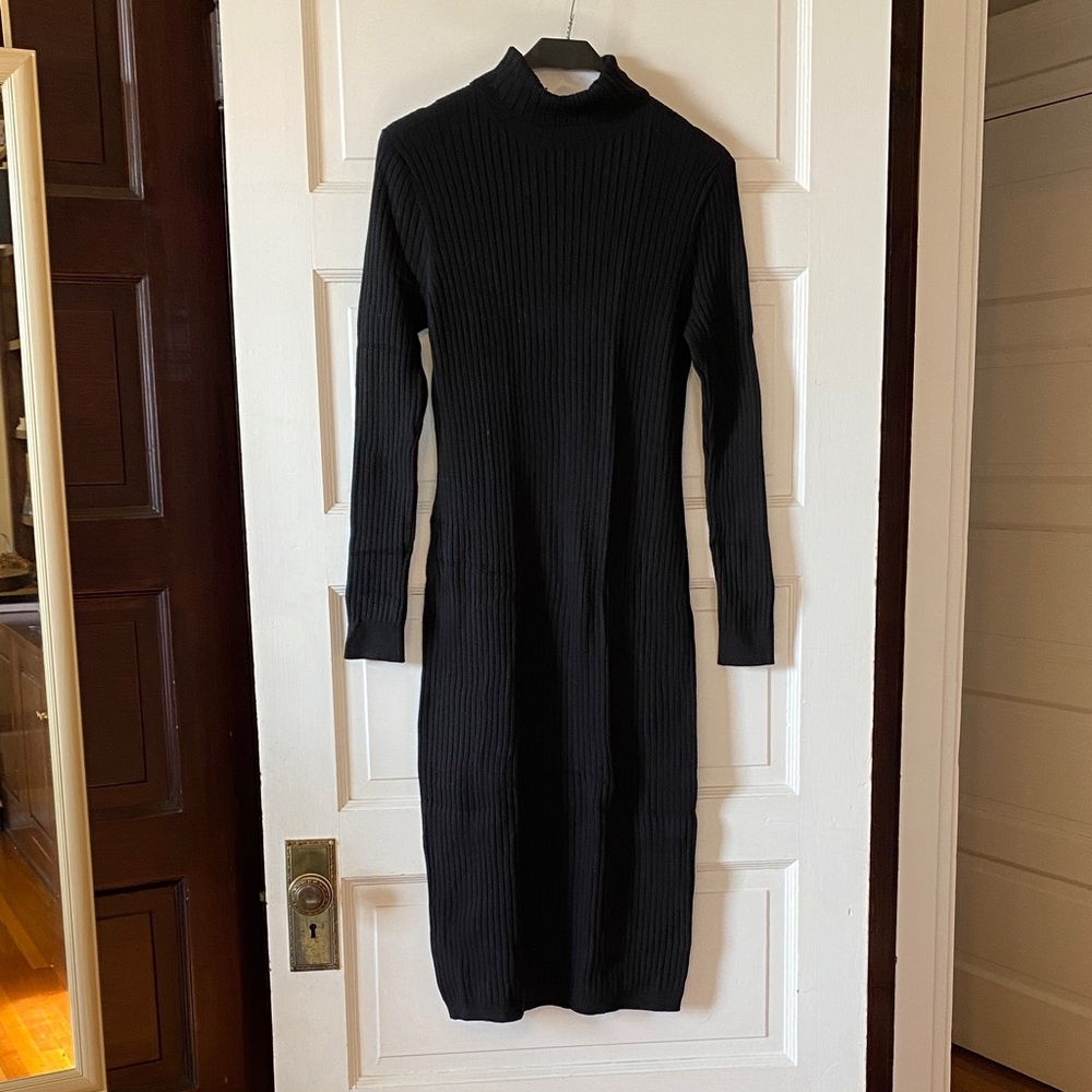 Ann Taylor Black Long Sleeve Ribbed Sweater Dress